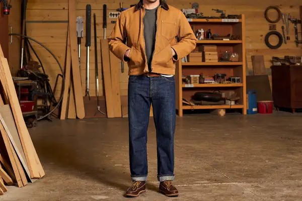 Man in a tan duck canvas chore jacket, grey tee, raw denim and moc-toe work boots in a workshop