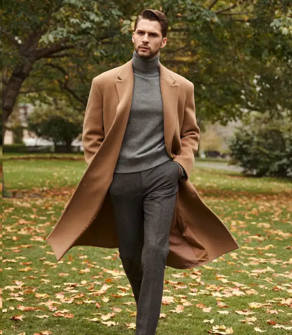 Man in a camel overcoat, grey turtleneck and charcoal trousers in an autumn park