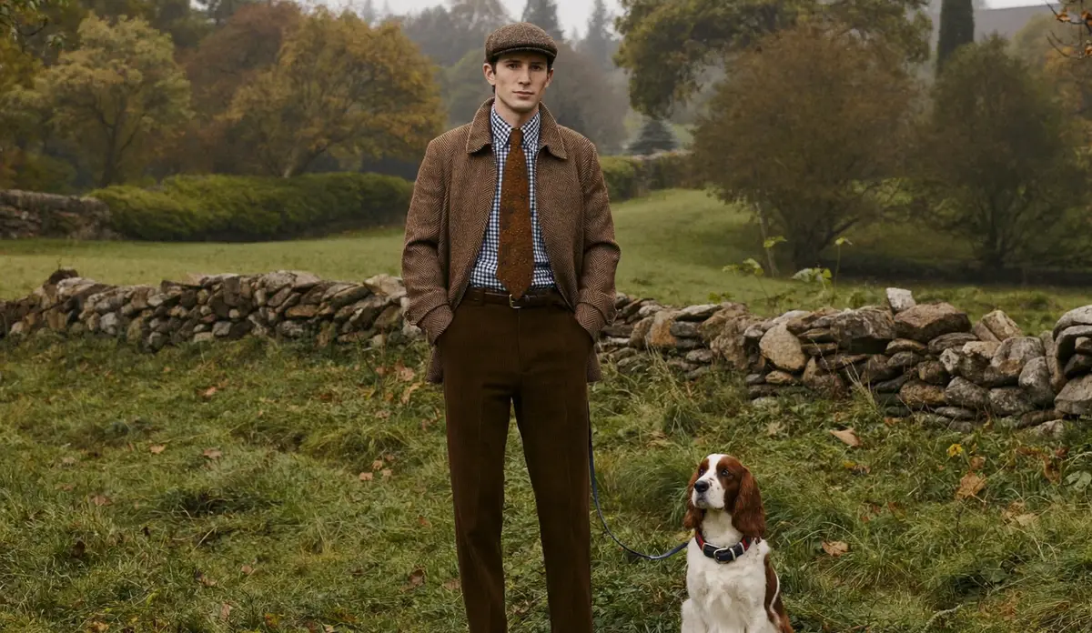 Man in a tweed jacket and flat cap with a spaniel in the English countryside