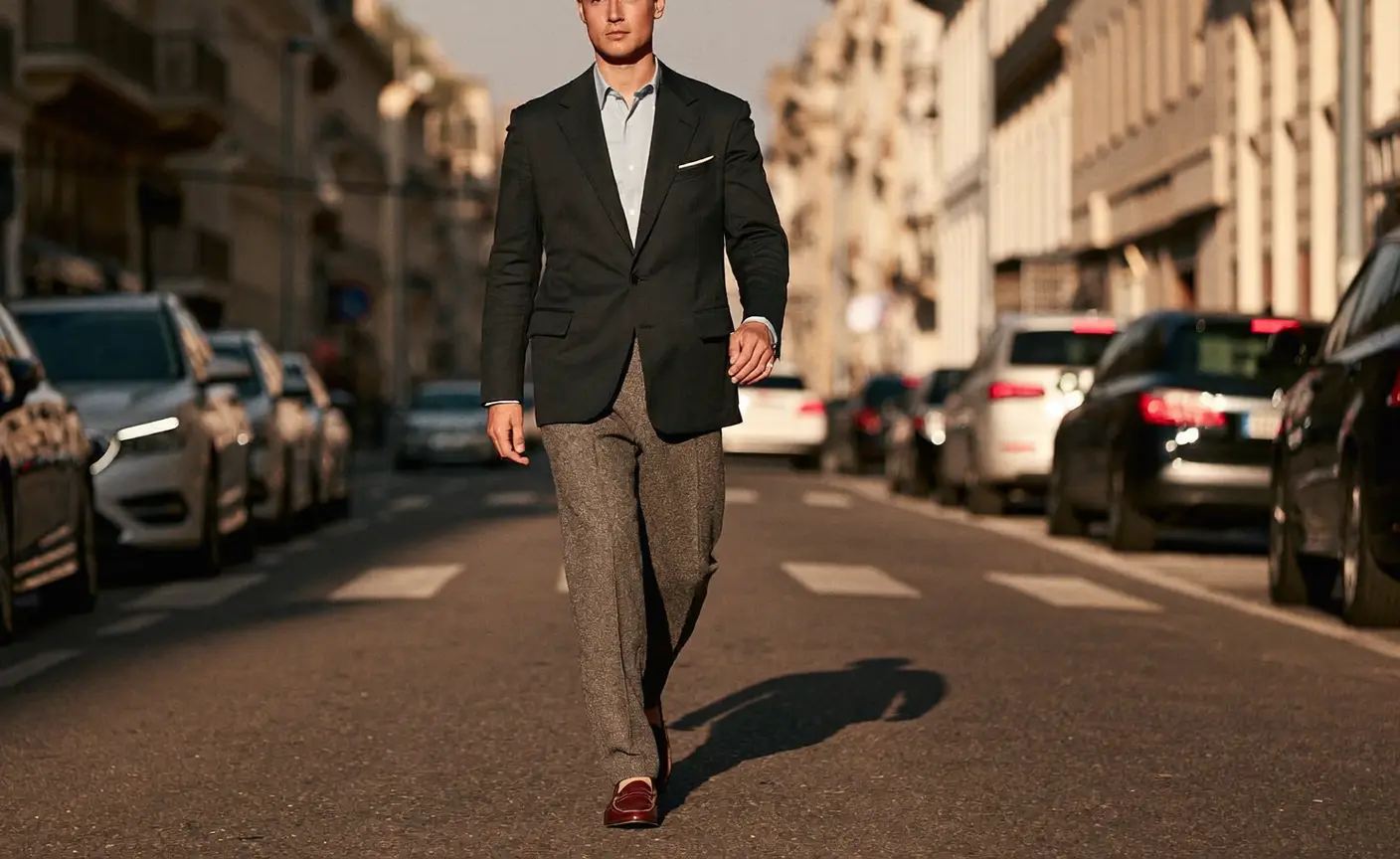 Man in a tailored navy blazer and grey trousers walking down a city street at golden hour