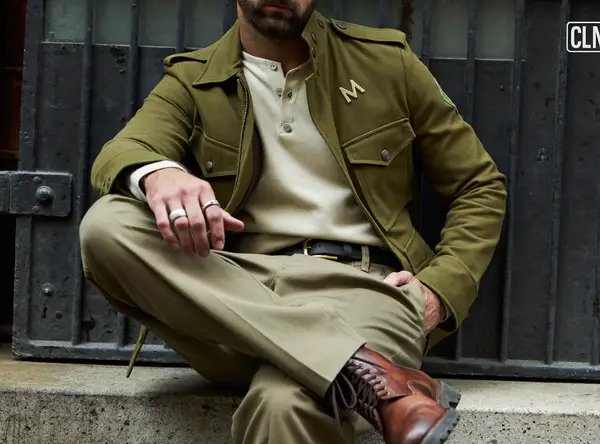Man in an olive M-65 style field jacket, cream henley, khaki trousers and brown combat boots