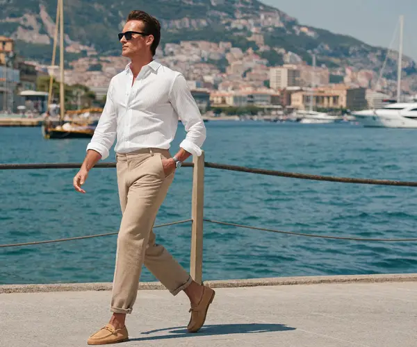 Man in a white linen shirt and beige linen trousers walking along a seaside promenade