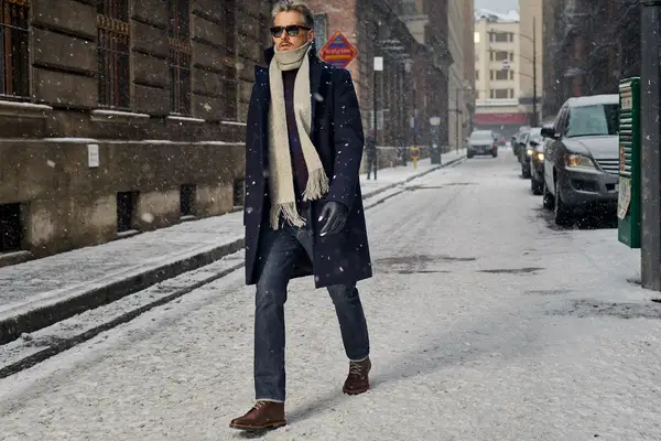 Man in a navy peacoat and grey scarf walking on a snowy city street